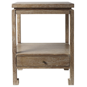 CERUSED OAK NIGHTSTAND WITH DRAWER AND SLIDE OUT SHELF