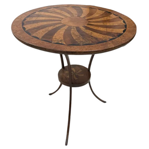 VINTAGE ENGLISH BURLWOOD PARQUETRY ROUND TABLE