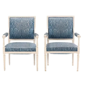 PAIR OF LOUIS XVI STYLE PAINTED AND UPHOLSTERED ARM CHAIRS