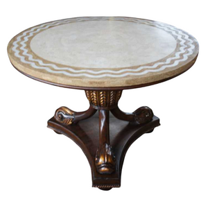 ROUND REGENCY STYLE CENTER TABLE, MARBLE TOP WOOD CARVED BASE.