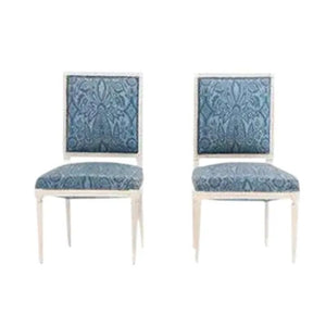 PAIR OF LOUIS XVI STYLE PAINTED SIDE CHAIRS WITH BLUE DAMASK FABRIC