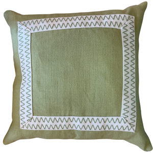 GREEN LINEN SQUARE PILLOW WITH CUSTOM TAPE DETAIL