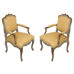 PAIR OF LOUIS XV NEWLY UPHOLSTERED YELLOW SILK CHAIRS WITH PATTERN BACK