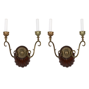 PR. ANGLO INDIAN WOOD DOUBLE ARM SCONCES WITH CLEAR HURRICANE GLOBES