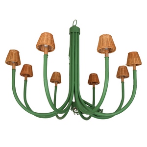 GREEN EIGHT ARM CHANDELIER WITH RATTAN SHADES