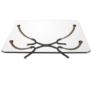 LARGE COFFEE TABLE, GIACOMETTI STYLE IRON & GLASS