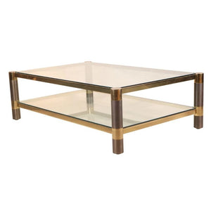 KARL SPRINGER STYLE BRASS & BRONZE TWO TIER GLASS COFFEE TABLE