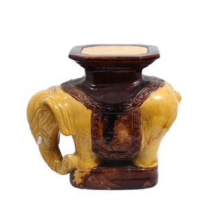 BROWN AND OCHRE VINTAGE GLAZED PORCELAIN ELEPHANT