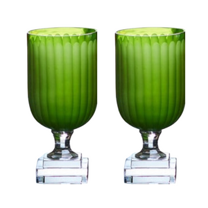 PAIR OF SHORT GREEN GLASS HURRICANES