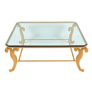 MONUMENTAL GILT IRON COFFEE TABLE WITH SCROLL DETAIL AND BEVELED GLASS TOP