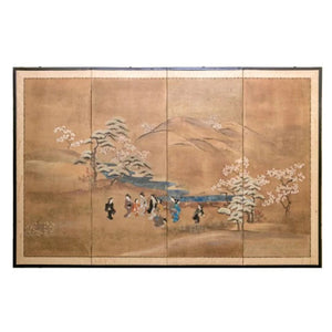 VINTAGE FOUR PANEL HAND PAINTED JAPANESE SCREEN