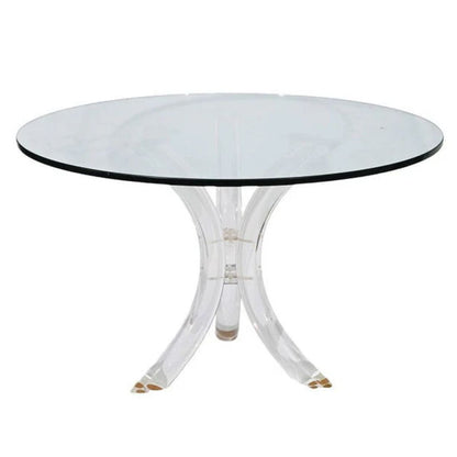 MID CENTURY PEDESTAL DINING TABLE WITH GLASS TOP AND LUCITE BASE