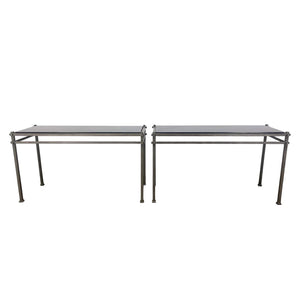 PAIR OF SILVERED IRON CONSOLE TABLES WITH BLACK GRANITE TOP