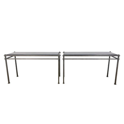 PAIR OF SILVERED IRON CONSOLE TABLES WITH BLACK GRANITE TOP