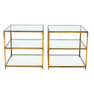PAIR MID CENTURY THREE TIER BRASS AND GLASS SIDE TABLES