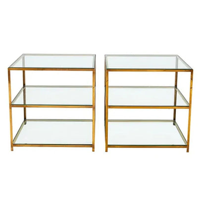 PAIR MID CENTURY THREE TIER BRASS AND GLASS SIDE TABLES