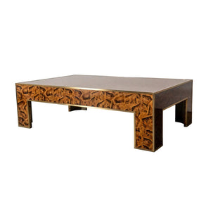 FAUX TOFFEE PENSHELL COCKTAIL TABLE WITH BRASS EDGE DETAIL