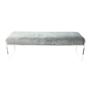 MODERN LUCITE BENCH WITH GRAY UPHOLSTERY