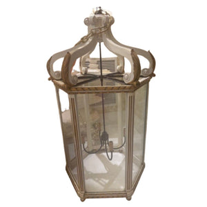 LARGE VINTAGE PAINTED WOOD LANTERN WITH CARVED GILT DETAILS