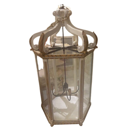 LARGE VINTAGE PAINTED WOOD LANTERN WITH CARVED GILT DETAILS