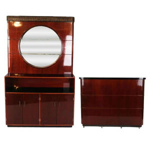 ART DECO STYLE MAHOGANY 3 PIECE CABINET WITH MIRROR AND FLOATING BAR