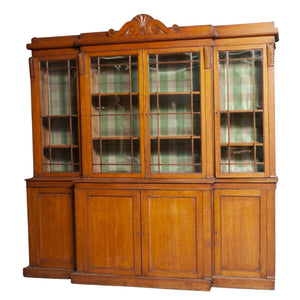 TALL ENGLISH OAK BREAKFRONT BOOKCASE WITH GLASS DOORS