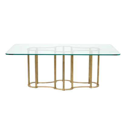 MID CENTURY MASTERCRAFT BRASS AND GLASS  DINING TABLE WITH FAUX BAMBOO BASE