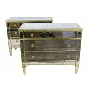 PAIR OF MIRRORED THREE DRAWER CHESTS WITH GILT DETAIL