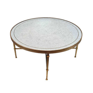 MAISON JANSEN STYLE ROUND GILT COFFEE TABLE WITH STENCILED MIRRORED TOP
