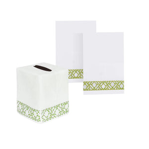 PAIR OF GREEN TRELLIS LINEN NAPKINS + TISSUE BOX COVER
