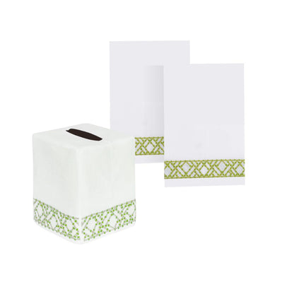 PAIR OF GREEN TRELLIS LINEN NAPKINS + TISSUE BOX COVER