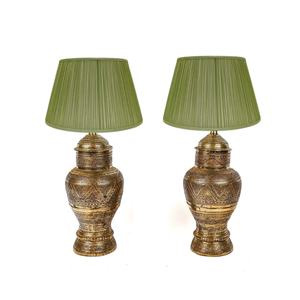 PAIR LARGE CARVED BRASS URN LAMPS
