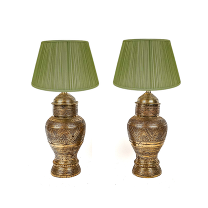 PAIR LARGE CARVED BRASS URN LAMPS