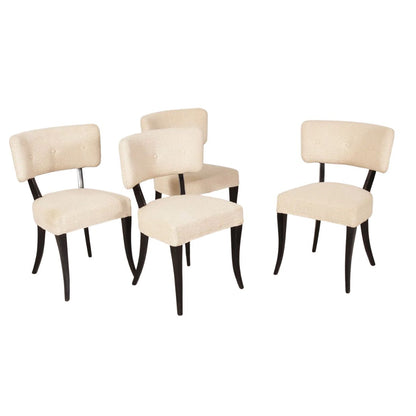 SET OF FOUR KLISMOS STYLE CREAM TEXTURED FABRIC CHAIRS WITH SABRE LEGS