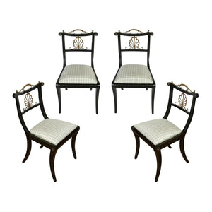 SET OF FOUR REGENCY STYLE EBONY SIDE CHAIRS WITH NEWLY UPHOLSTERED SILK CHECK CUSHIONS