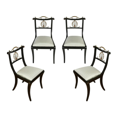 SET OF FOUR REGENCY STYLE EBONY SIDE CHAIRS WITH NEWLY UPHOLSTERED SILK CHECK CUSHIONS