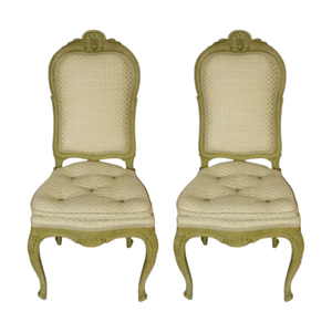PAIR OF CARVED AND GREEN PAINTED SIDE CHAIRS WITH SHELL MOTIF AND TUFTED SEAT