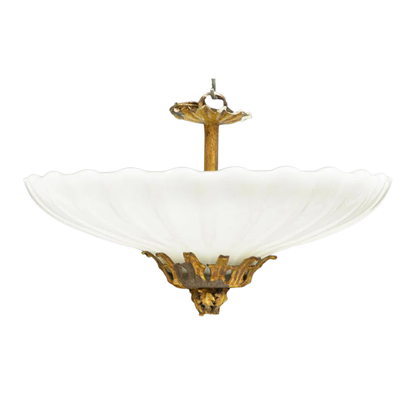 VINTAGE GILT METAL & WHITE GLASS SPANISH STYLE SEMI FLUSH