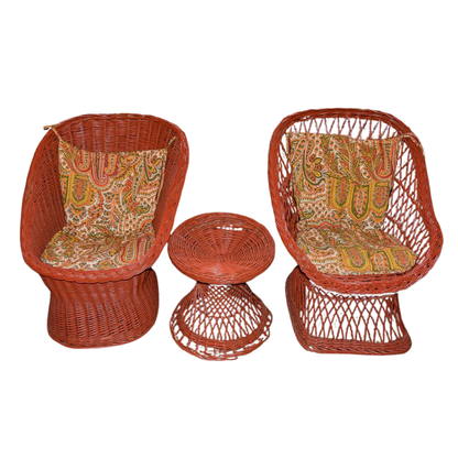 ALMOST PAIR OF VINTAGE RATTAN RED BUCKET CHAIRS & AN END TABLE