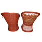 ALMOST PAIR OF VINTAGE RATTAN RED BUCKET CHAIRS & AN END TABLE