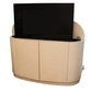 MODERN LACQUERED PARCHMENT DEMILUNE CABINET WITH CONCEALED TV LIFT