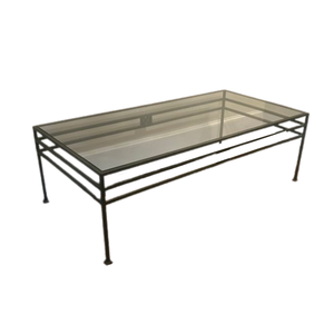 DARK GREEN IRON BASE COFFEE TABLE WITH GLASS TOP