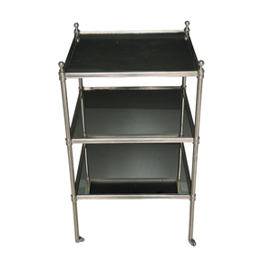 THREE TIER NICKEL & ANTIQUED MIRROR SIDE TABLE ON CASTERS