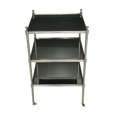 THREE TIER NICKEL & ANTIQUED MIRROR SIDE TABLE ON CASTERS