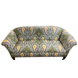 VINTAGE ENGLISH ROLL ARM SOFA NEWLY UPHOLSTERED BLUE & GREEN IKAT WITH NAILHEAD TRIM
