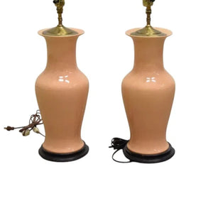 PAIR OF APRICOT PORCELAIN VASE LAMPS ON WOOD BASES