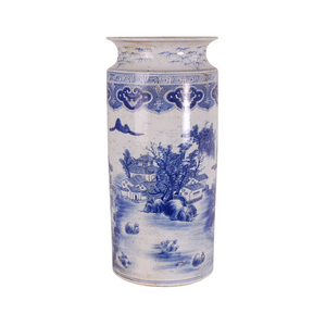 BLUE & WHITE PORCELAIN UMBRELLA STAND W/ CANTON DESIGN