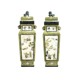 PAIR OF CHINESE MULTI STONE APPLIED PALATIAL COVERED URNS