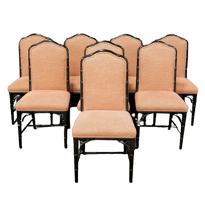 SET OF 8 EBONIZED SIDE CHAIRS WITH A DARK CORAL CHENILLE