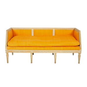 LOUIS XVI PAINTED WOOD SOFA WITH ORANGE VELET UPHOLSTERY AND TRIM